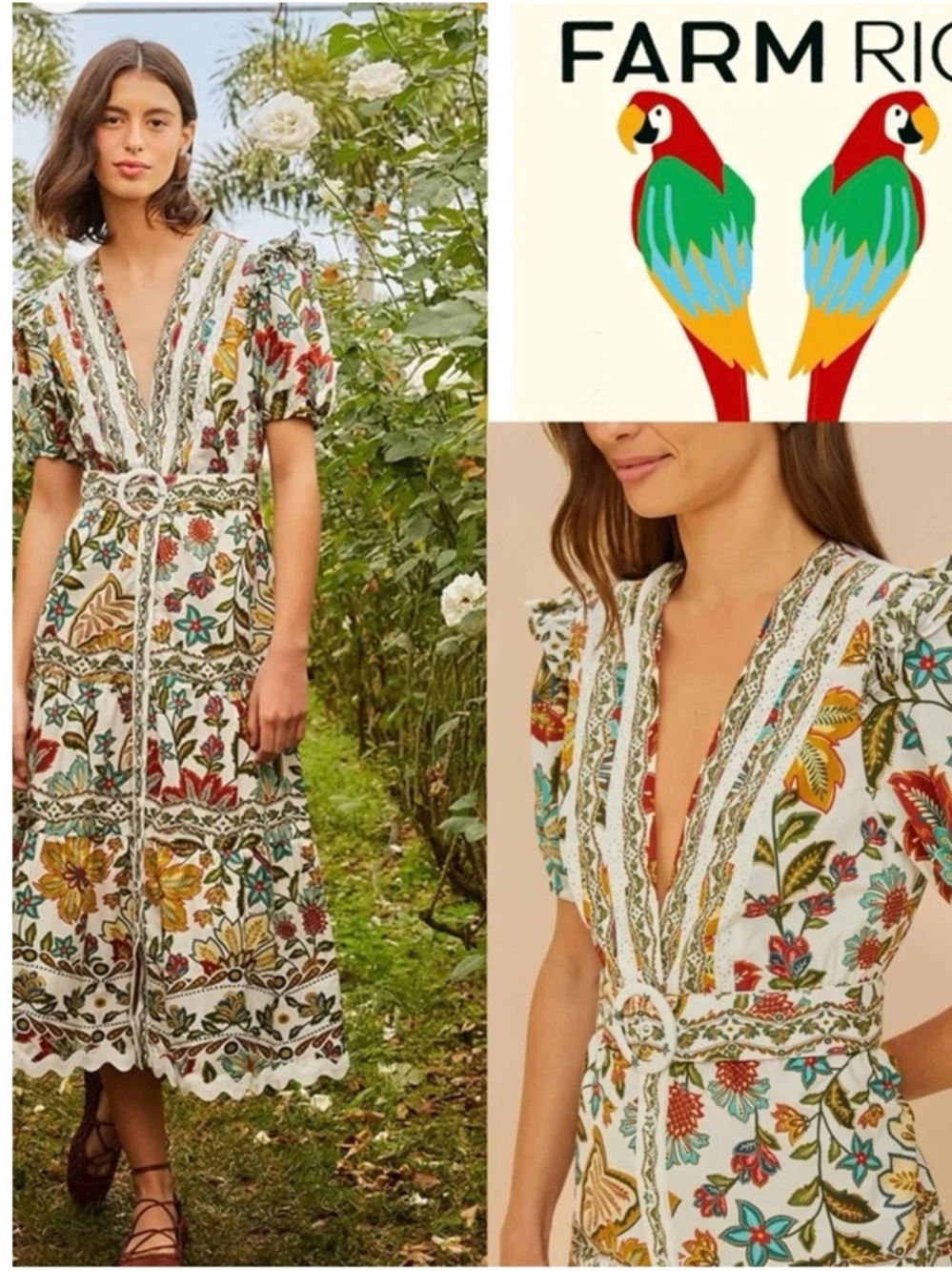 Farm Rio Off-White Botanicals Belted Midi Dress Size Small